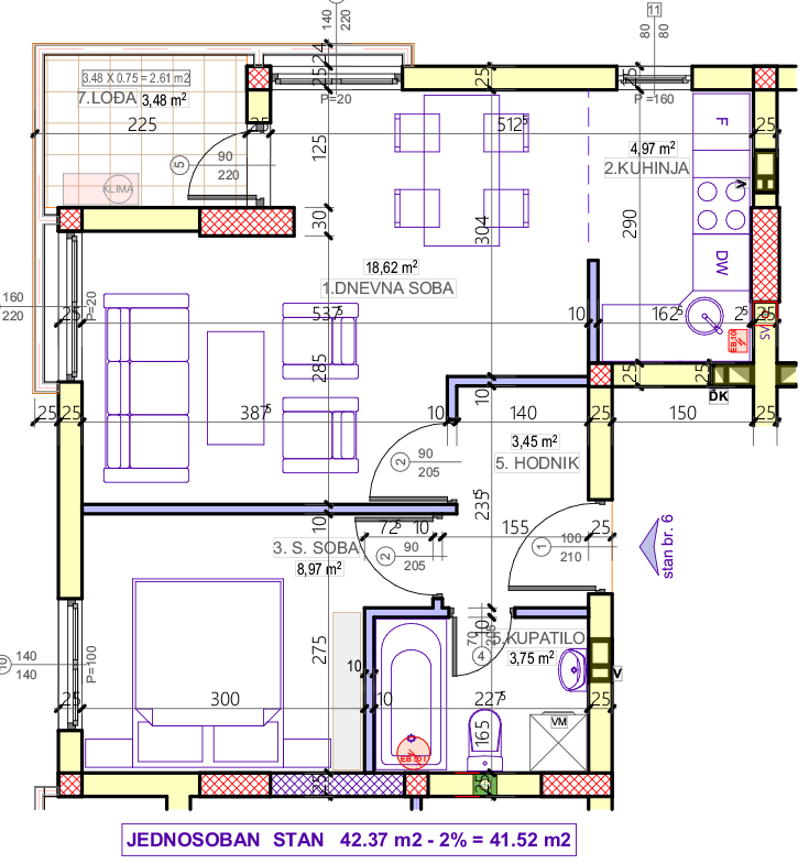 Jednosoban stan 6 (V sprat) · 41,52 m² · Lamela 1 — Fotografija 2