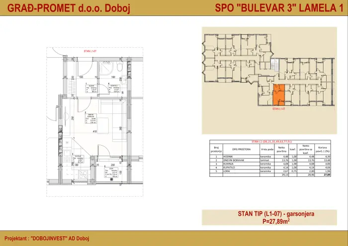 Garsonjera 49 · 27,89 m² · Lamela 1 — Fotografija 3