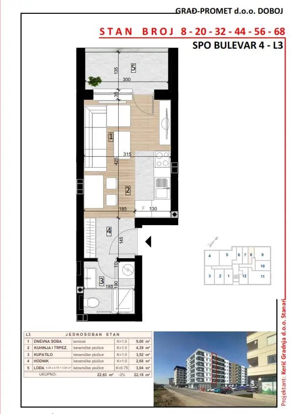 Jednosoban stan 20 · 22,18 m² · Lamela 3 — Fotografija 2