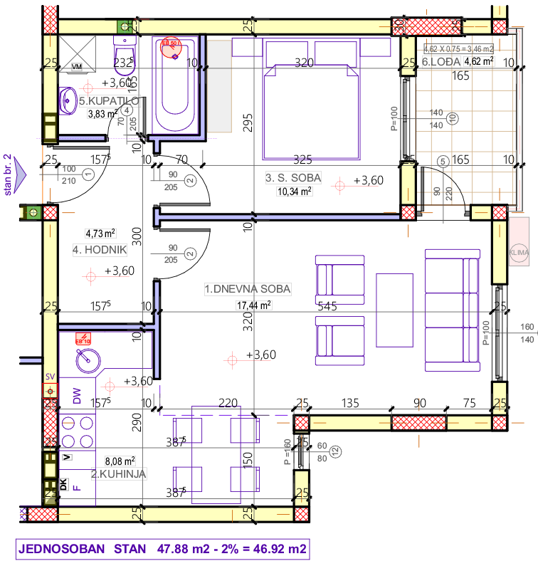 Jednosoban stan 2 (VII sprat) · 46,92 m² · Lamela 1 — Fotografija 2