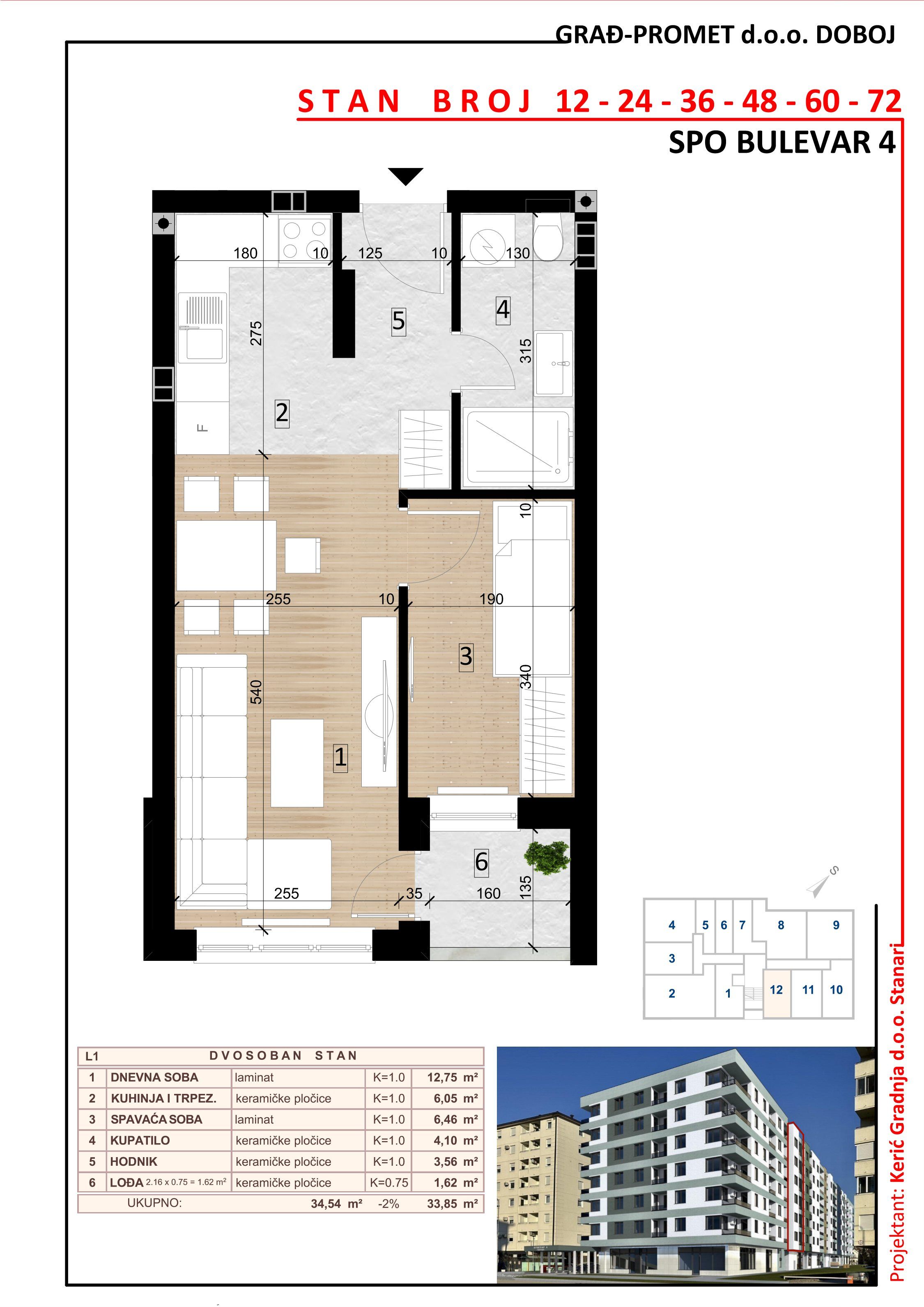 Dvosoban stan 12 · 33,85 m² · Lamela 1 — Fotografija 2