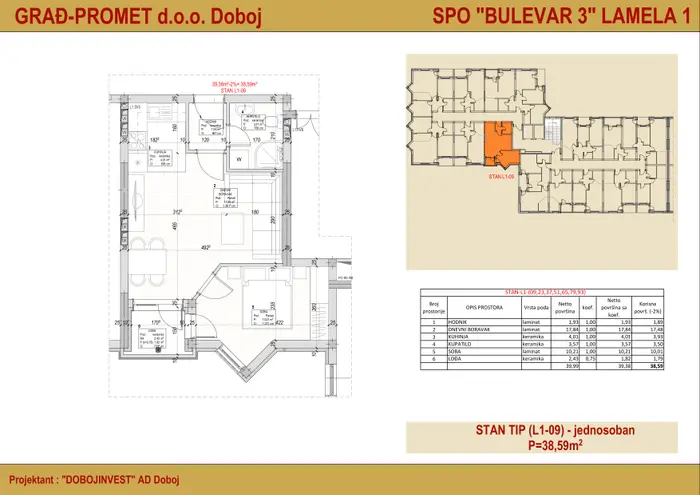 Jednosoban stan 9 · 38,59 m² · Lamela 1 — Fotografija 3