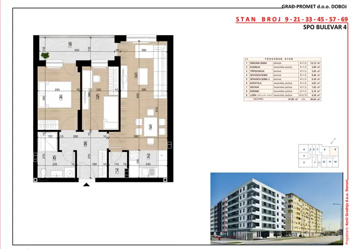 Trosoban stan 9 · 56,64 m² · Lamela 1 — Fotografija 2