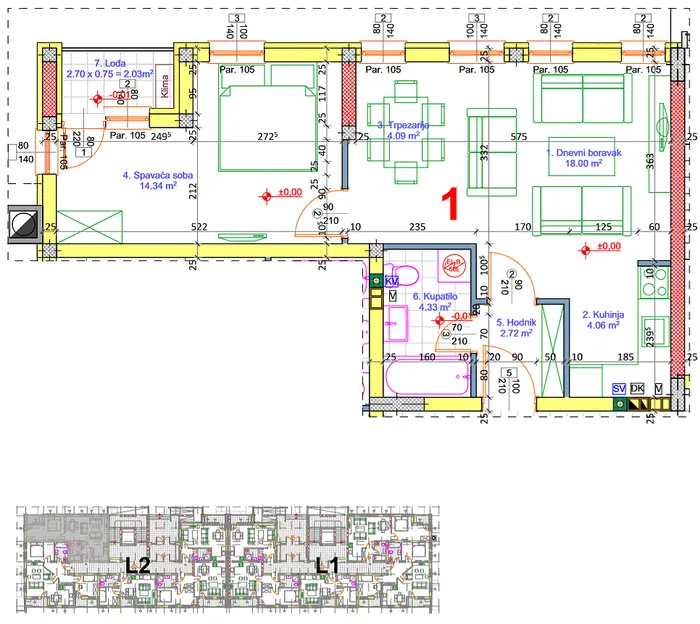 Stan 1 · 48,58 m² · Lamela 2 — Fotografija 2