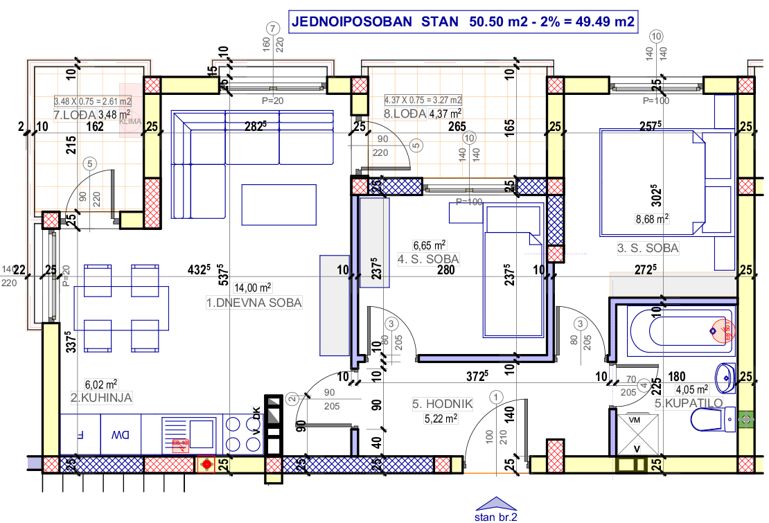 Stan 2 (IX sprat) · 49,49 m² · Lamela 3 — Fotografija 2