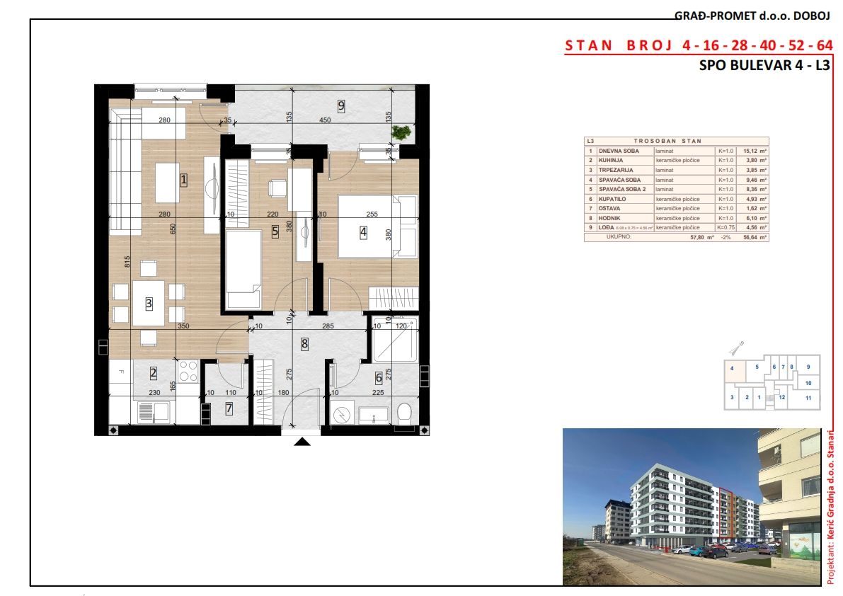 Trosoban stan 16 · 56,64 m² · Lamela 3 — Fotografija 2