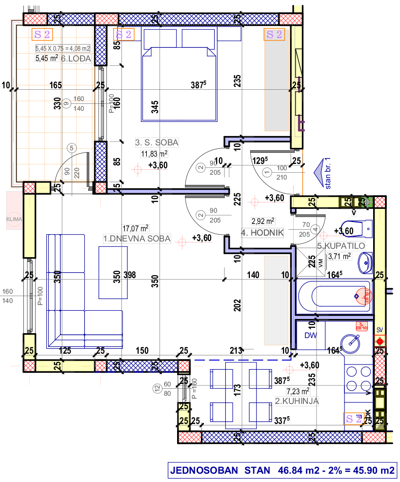 Jednosoban stan 1 (I sprat) · 45,9 m² · Lamela 1 — Fotografija 2