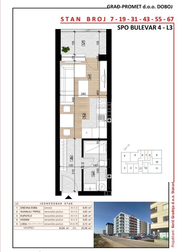 Jednosoban stan 7 · 23,36 m² · Lamela 3 — Fotografija 2