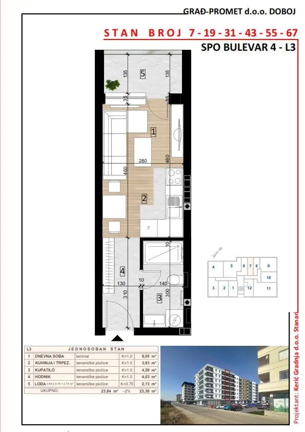 Jednosoban stan 43 · 23,36 m² · Lamela 3 — Fotografija 2