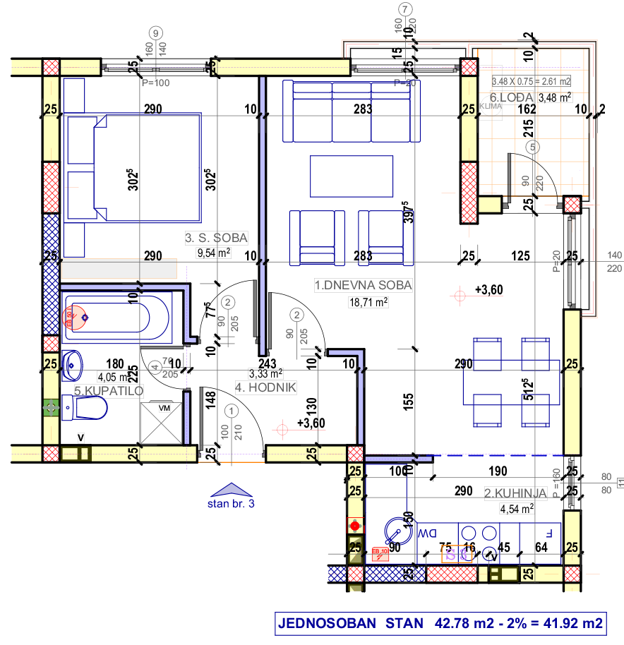 Jednosoban stan 3 (III sprat) · 41,92 m² · Lamela 2 — Fotografija 2