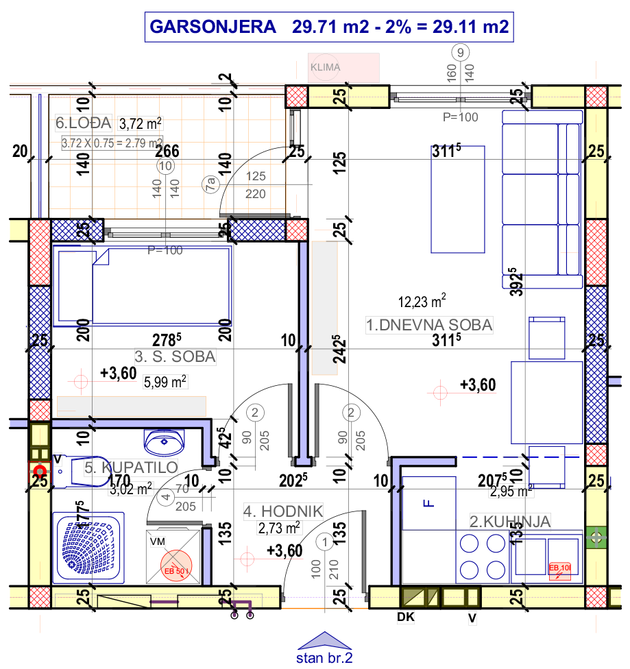 Garsonjera 2 (VII sprat) · 29,11 m² · Lamela 2 — Fotografija 2