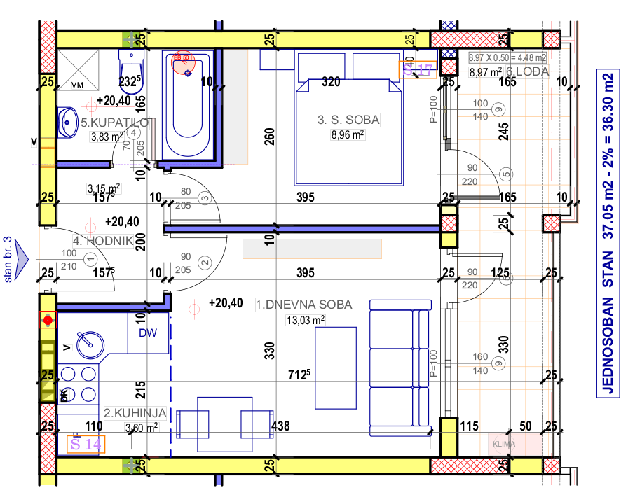Jednosoban stan 3 (VII sprat) · 36,3 m² · Lamela 1 — Fotografija 2