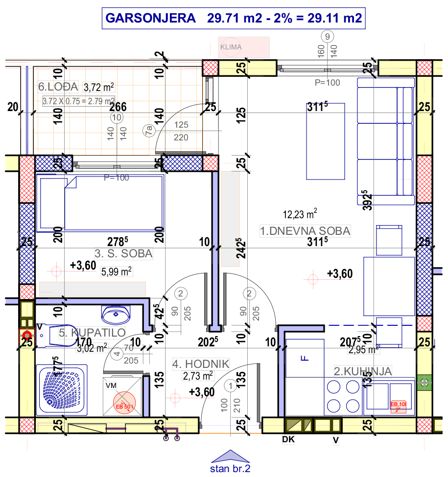 Garsonjera 2 (V sprat) · 29,11 m² · Lamela 2 — Fotografija 2