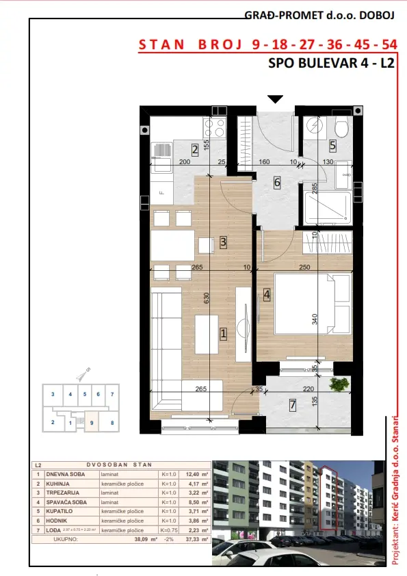 Dvosoban stan 36 · 37,33 m² · Lamela 2 — Fotografija 2