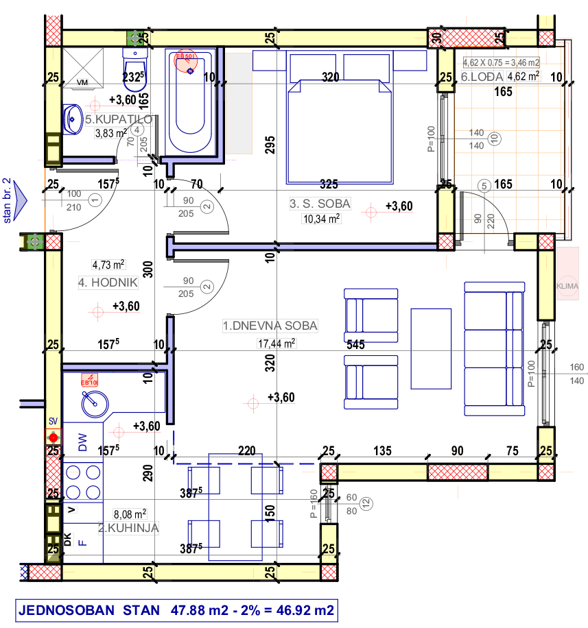 Jednosoban stan 2 (I sprat) · 46,92 m² · Lamela 1 — Fotografija 2
