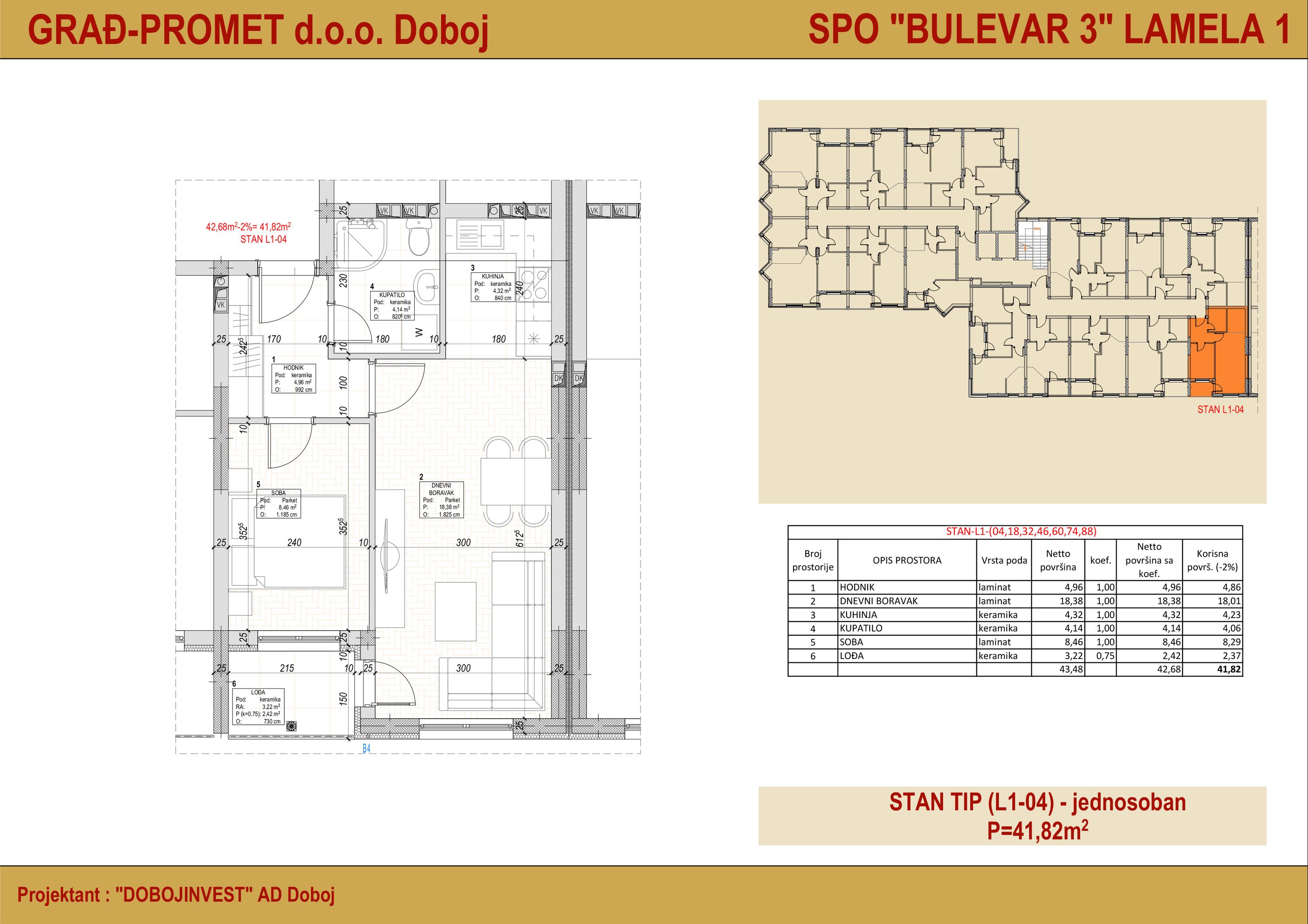 Jednosoban stan 4 · 41,82 m² · Lamela 1 — Fotografija 2