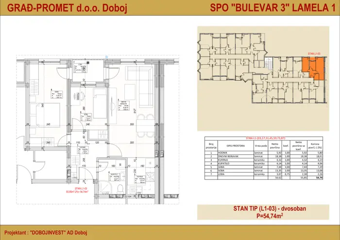 Dvosoban stan 87 · 54,74 m² · Lamela 1 — Fotografija 2