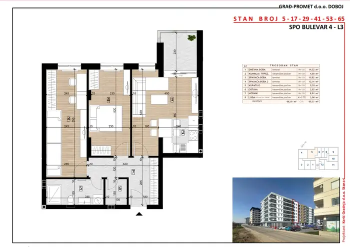 Trosoban stan 53 · 65,37 m² · Lamela 3 — Fotografija 2