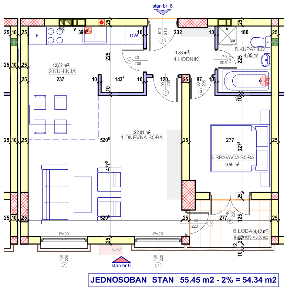 Jednosoban stan 6 (I sprat) · 54,34 m² · Lamela 2 — Fotografija 2