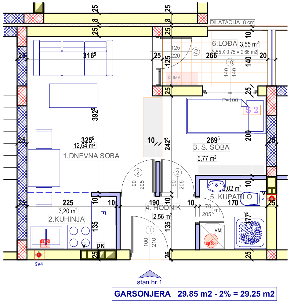 Garsonjera 1 (VII sprat) · 29,25 m² · Lamela 2 — Fotografija 2
