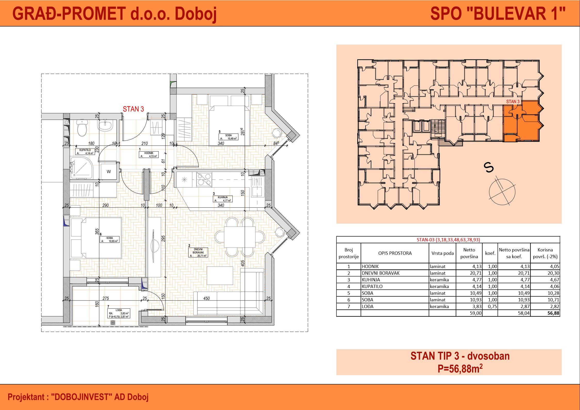 Dvosoban stan 78 · 56,88 m² · Bulevar 1 — Fotografija 2