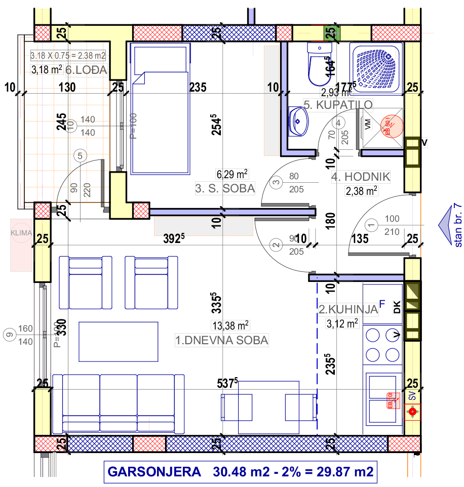 Garsonjera 7 (VII sprat) · 29,87 m² · Lamela 1 — Fotografija 2