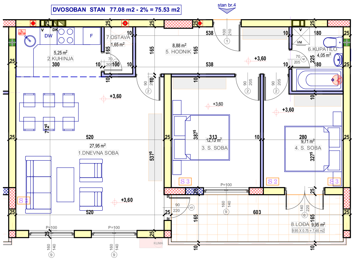 Dvosoban stan 4 (V sprat) · 75,53 m² · Lamela 3 — Fotografija 2