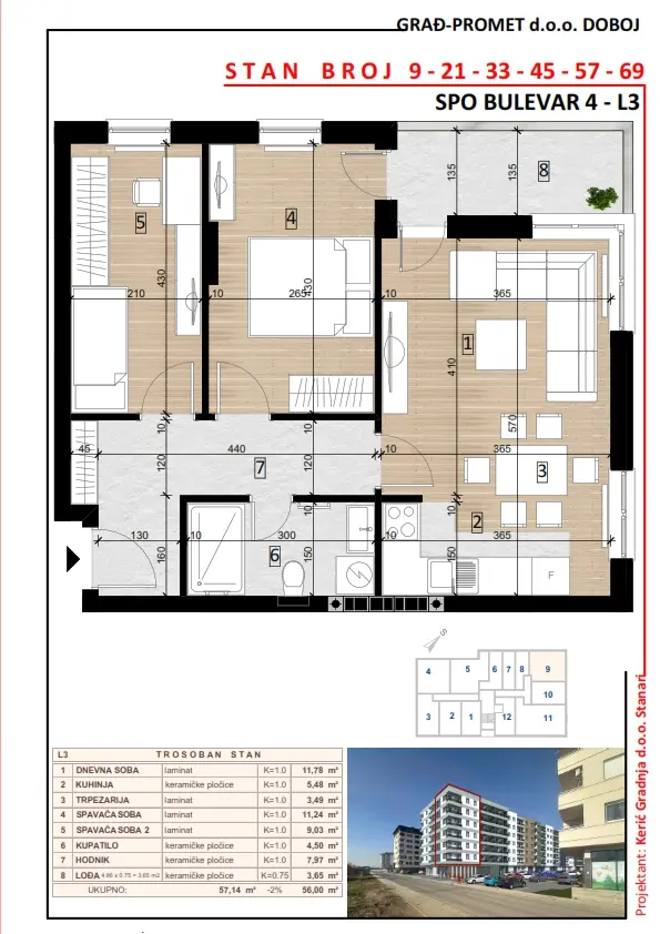 Trosoban stan 9 · 56 m² · Lamela 3 — Fotografija 2