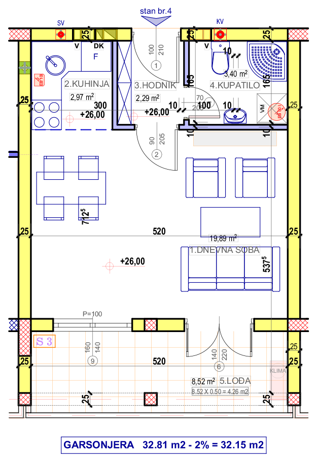Garsonjera 4 (IX sprat) · 32,15 m² · Lamela 3 — Fotografija 2