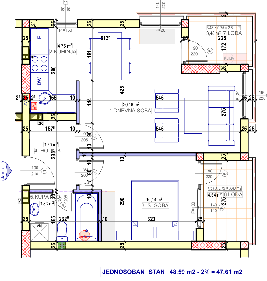Jednosoban stan 5 (V sprat) · 47,61 m² · Lamela 1 — Fotografija 2