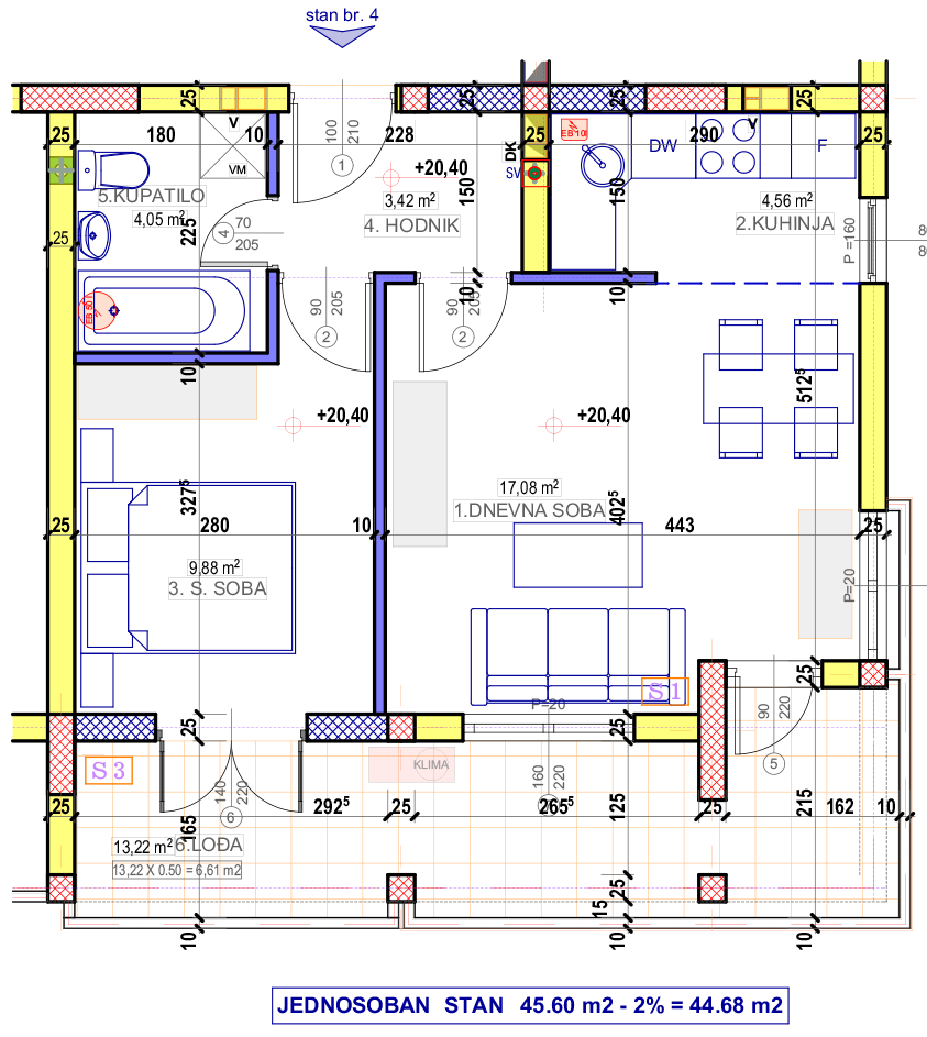 Jednosoban stan 4 (VII sprat) · 44,68 m² · Lamela 2 — Fotografija 2