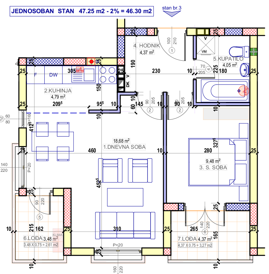 Jednosoban stan 3 (II sprat) · 46,3 m² · Lamela 3 — Fotografija 2