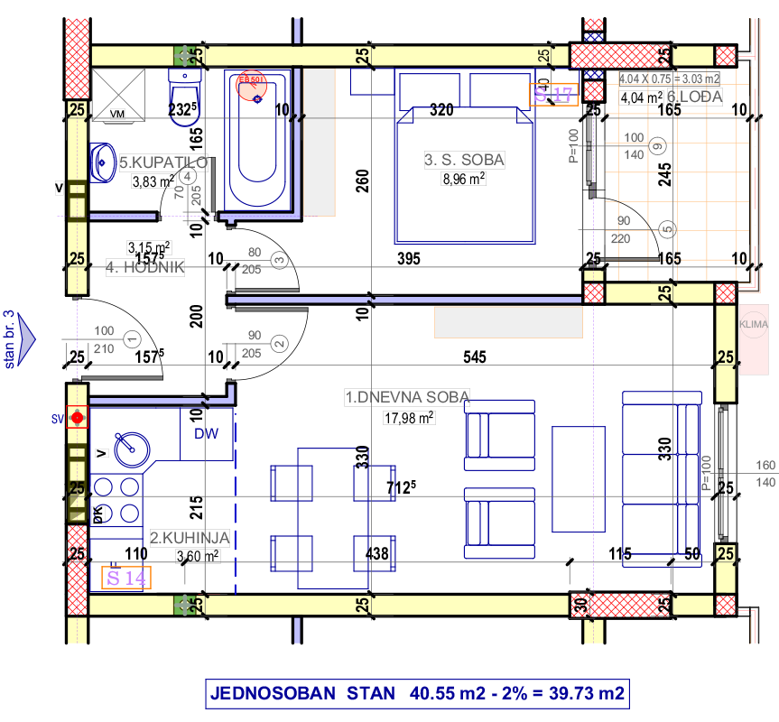 Jednosoban stan 3 (V sprat) · 39,73 m² · Lamela 1 — Fotografija 2
