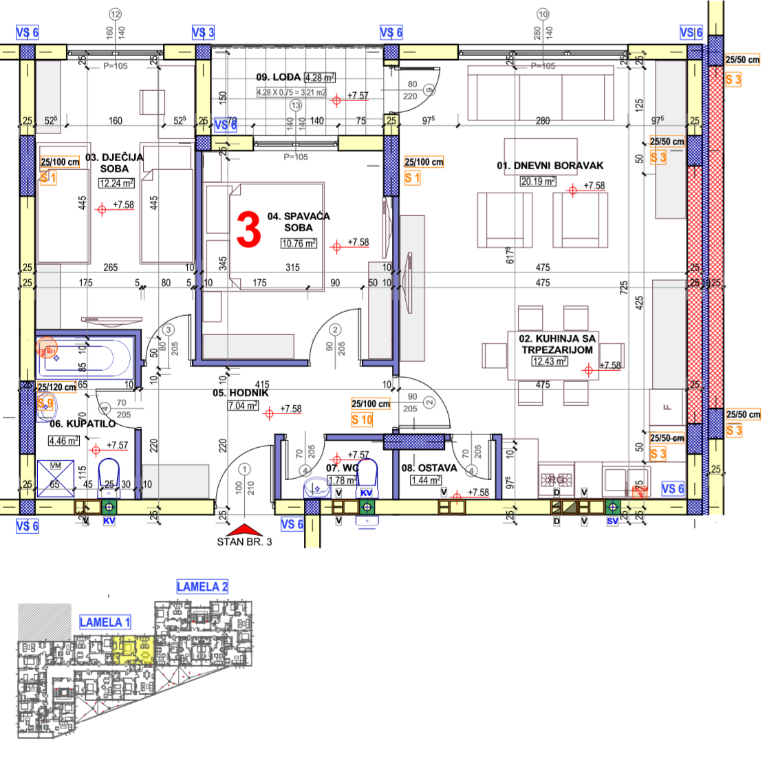Trosoban stan 12 · 72,1 m² · Lamela 1 — Fotografija 2
