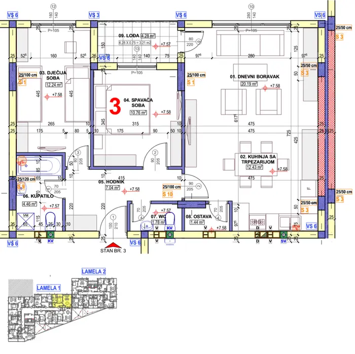 Trosoban stan 12 · 72,1 m² · Lamela 1 — Fotografija 2