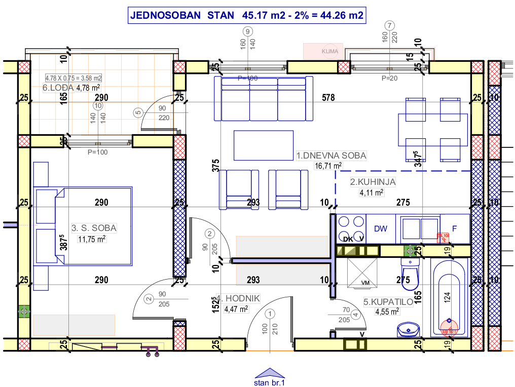 Jednosoban stan 1 (V sprat) · 44,26 m² · Lamela 3 — Fotografija 2