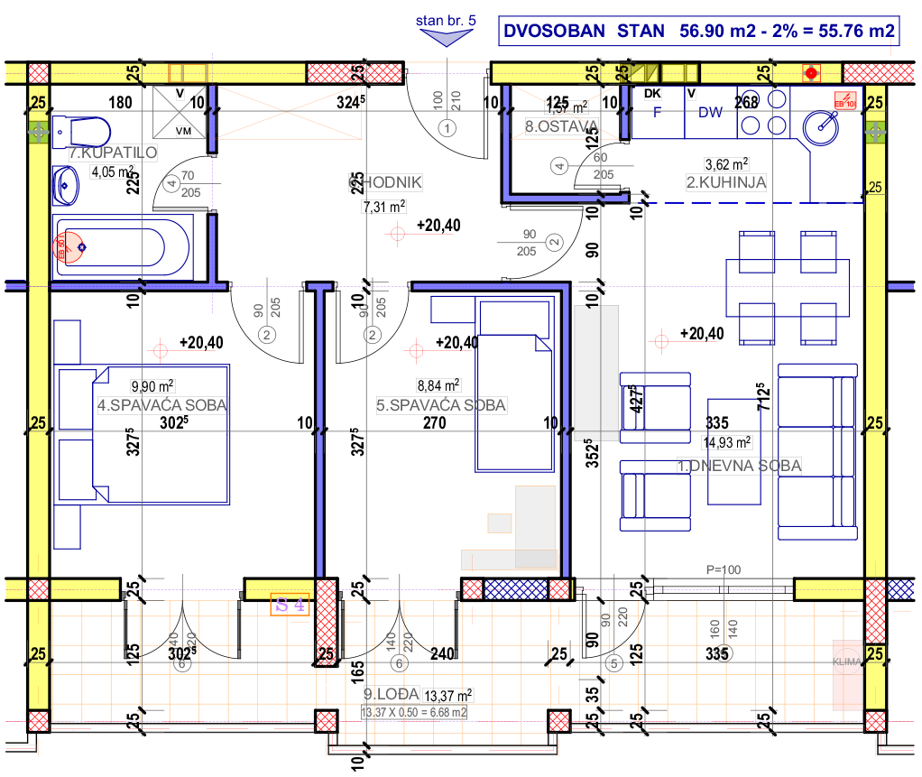 Dvosoban stan 5 (VII sprat) · 55,76 m² · Lamela 2 — Fotografija 2