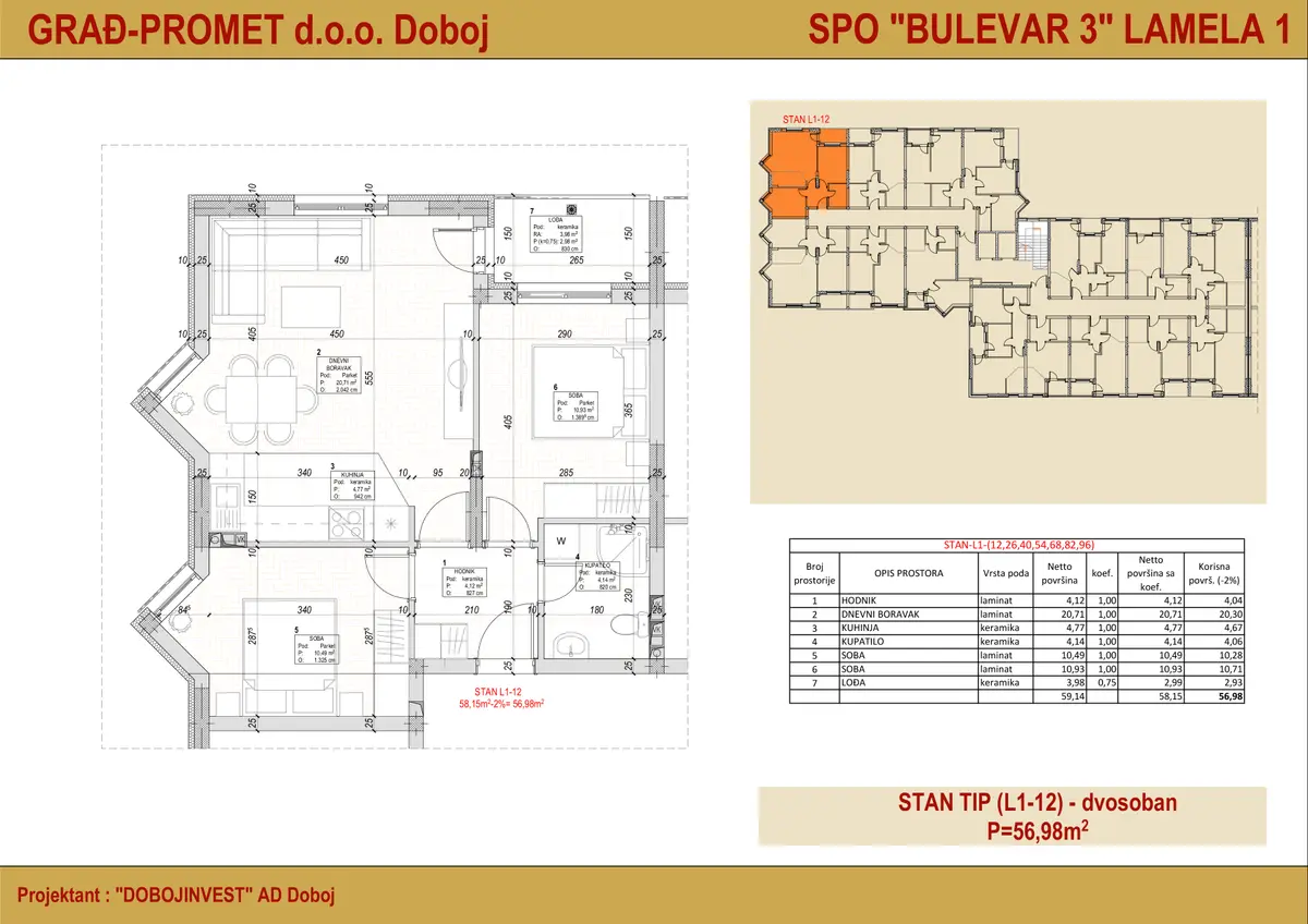 Dvosoban stan 54 · 56,98 m² · Lamela 1 — Cover