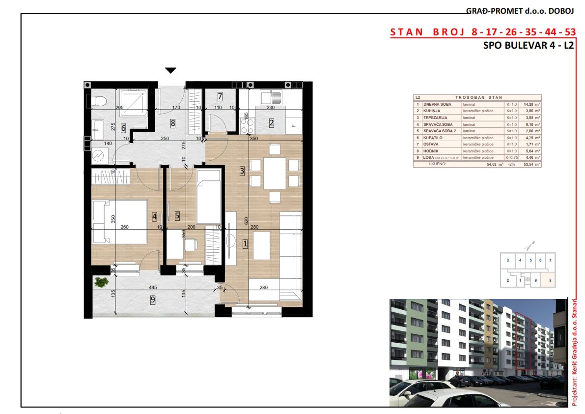 Trosoban stan 8 · 53,54 m² · Lamela 2 — Fotografija 2