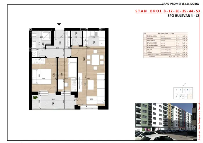 Trosoban stan 8 · 53,54 m² · Lamela 2 — Fotografija 2