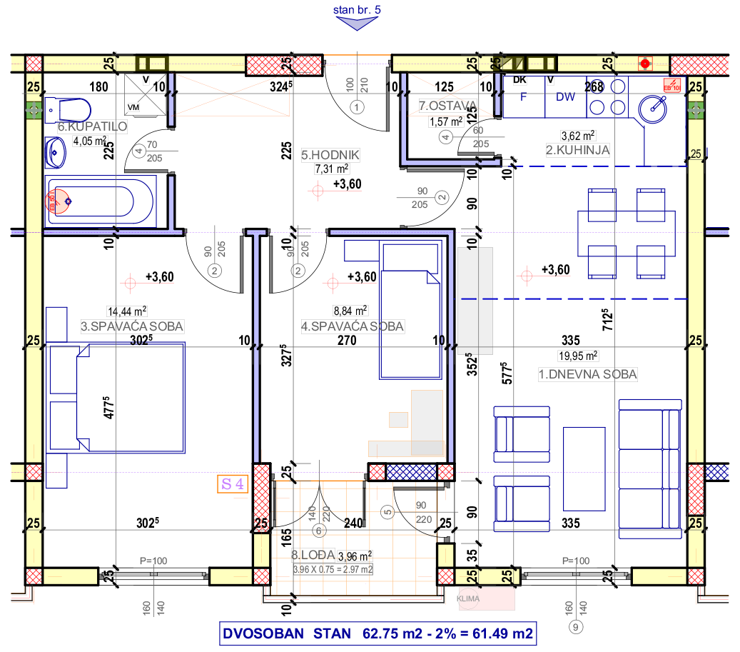 Dvosoban stan 5 (I sprat) · 61,49 m² · Lamela 2 — Fotografija 2