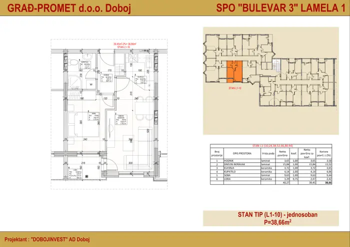 Jednosoban stan 66 · 38,66 m² · Lamela 1 — Fotografija 3