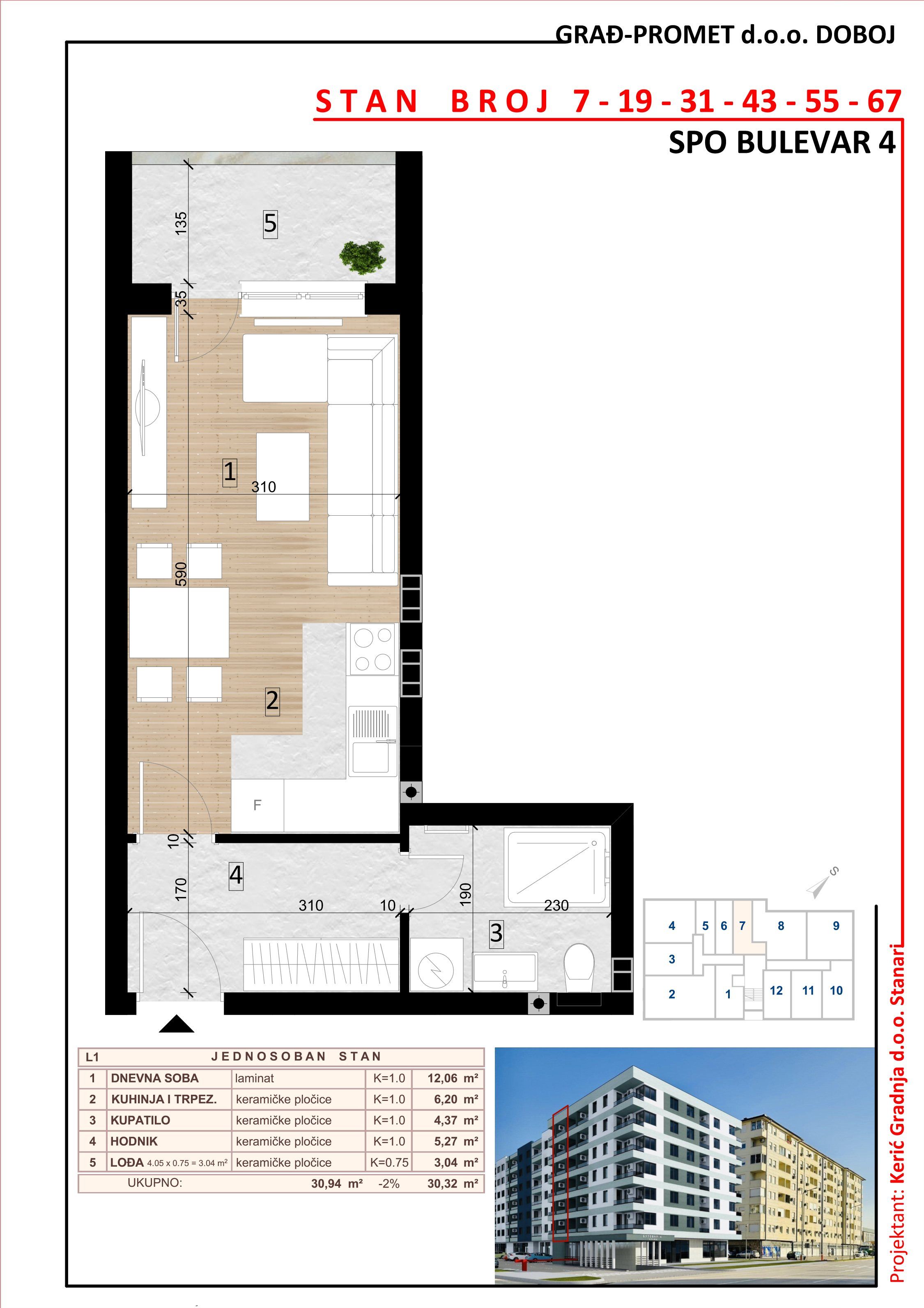 Jednosoban stan 7 · 30,32 m² · Lamela 1 — Fotografija 2