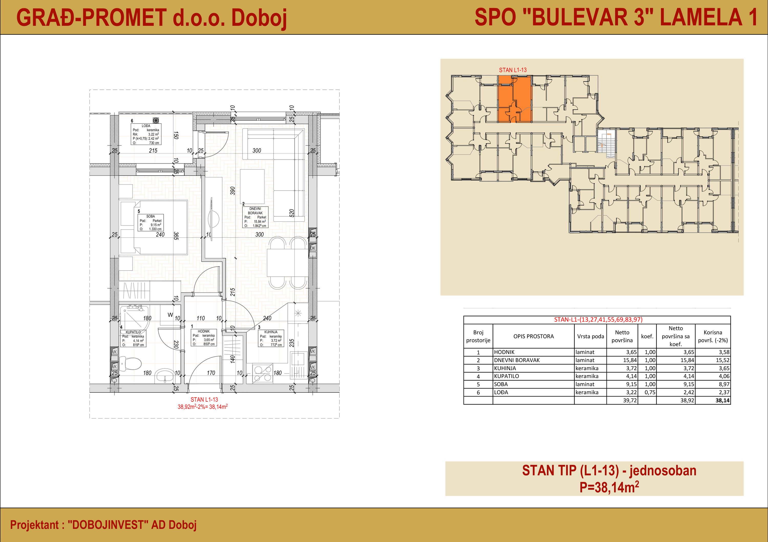 Jednosoban stan 83 · 38,14 m² · Lamela 1 — Fotografija 2
