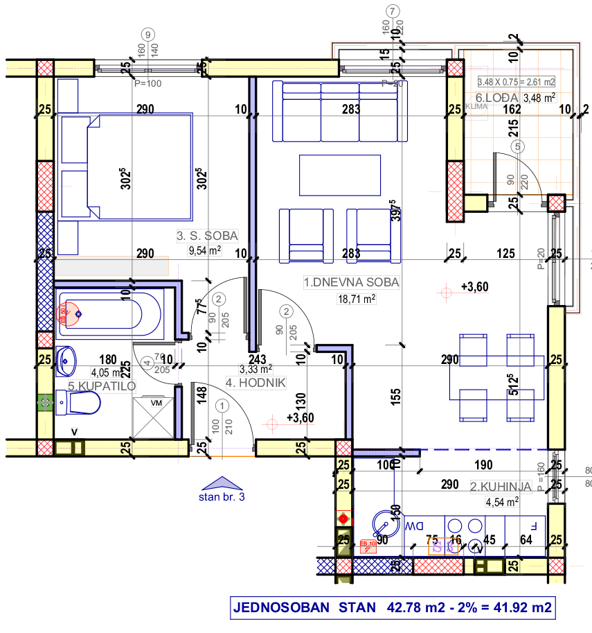 Jednosoban stan 3 (VII sprat) · 41,92 m² · Lamela 2 — Fotografija 2
