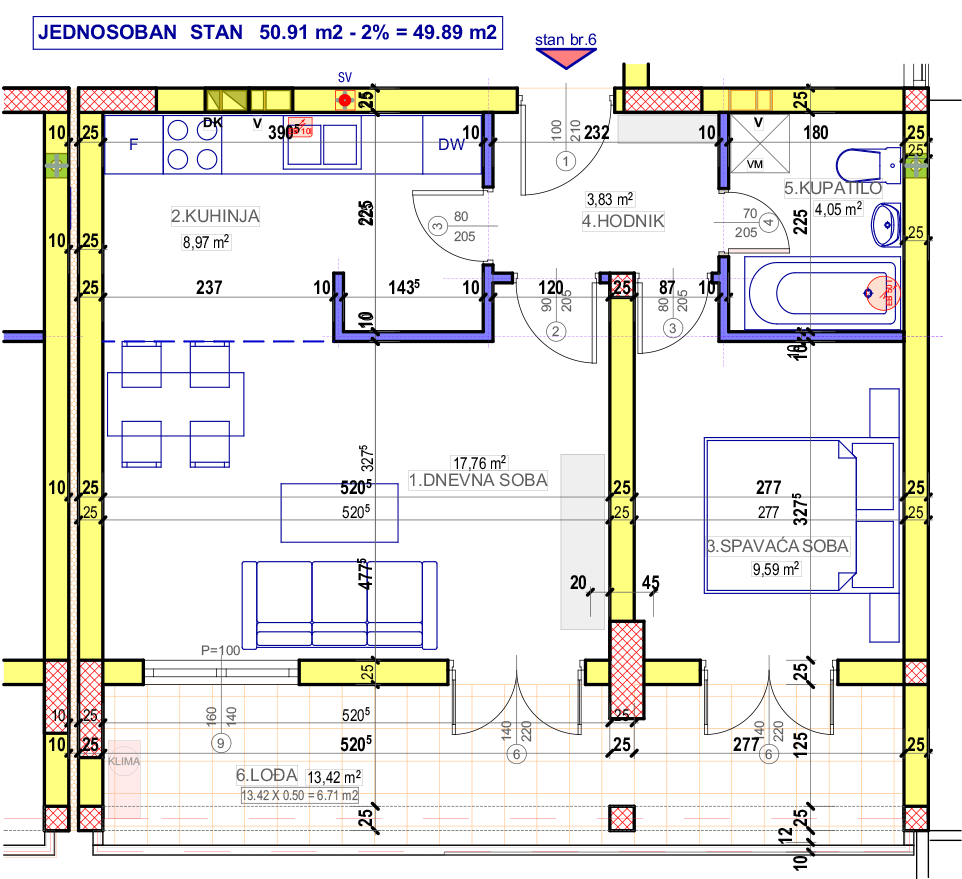 Jednosoban stan 6 (IX sprat) · 49,89 m² · Lamela 2 — Fotografija 2