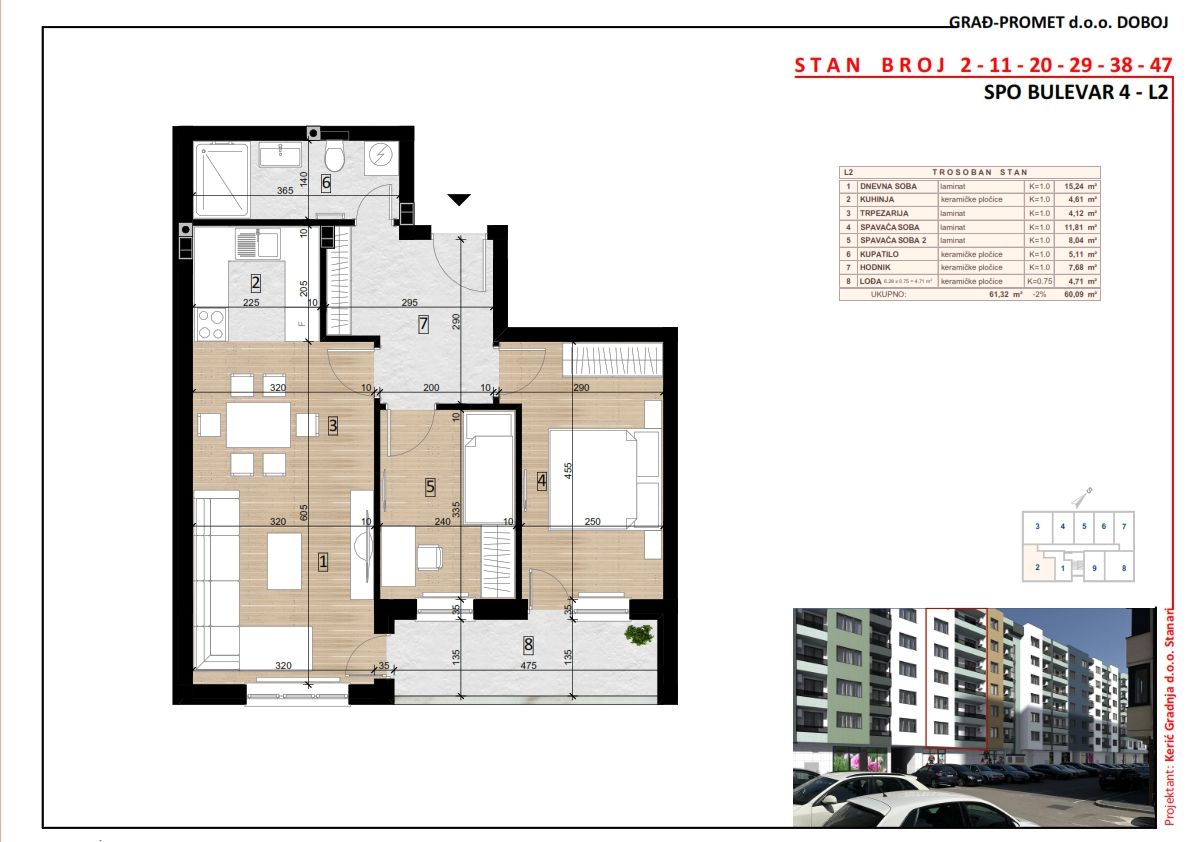 Trosoban stan 2 · 60,09 m² · Lamela 2 — Fotografija 2