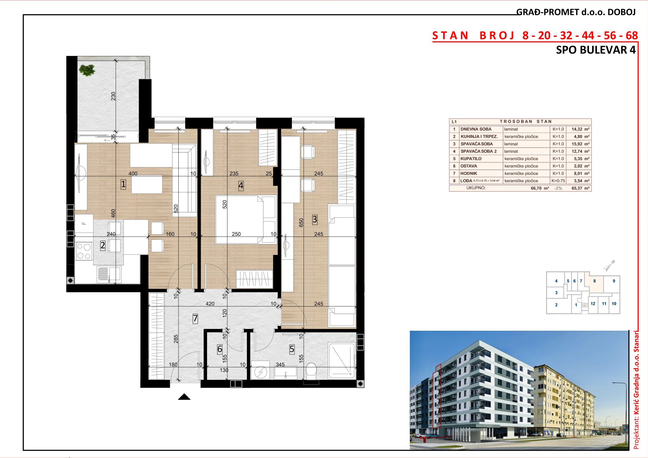 Trosoban stan 8 · 65,37 m² · Lamela 1 — Fotografija 2