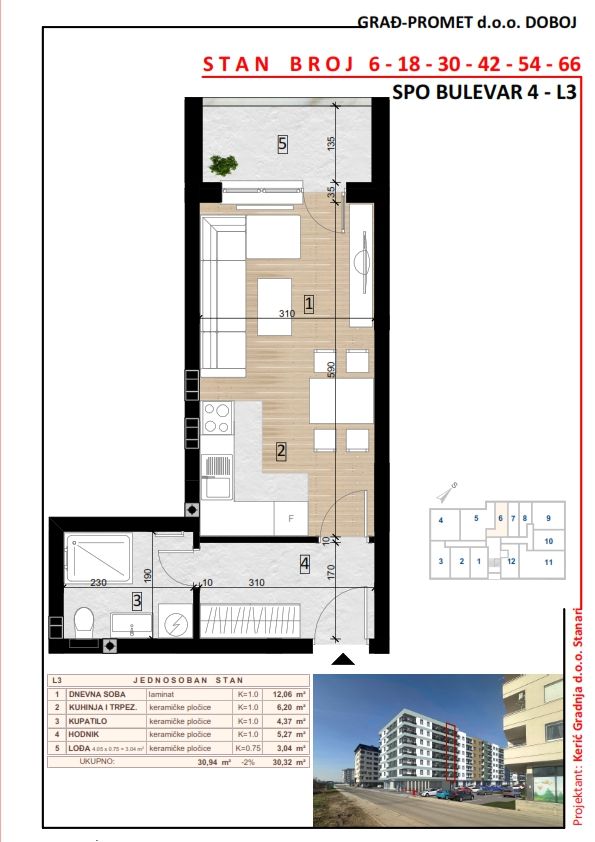 Jednosoban stan 18 · 30,32 m² · Lamela 3 — Fotografija 2