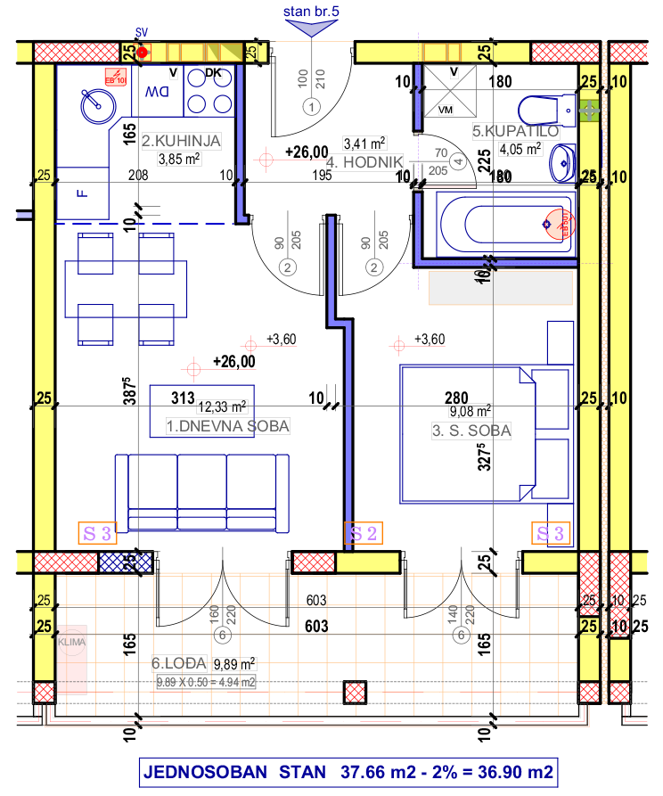 Jednosoban stan 5 (IX sprat) · 36,9 m² · Lamela 3 — Fotografija 2